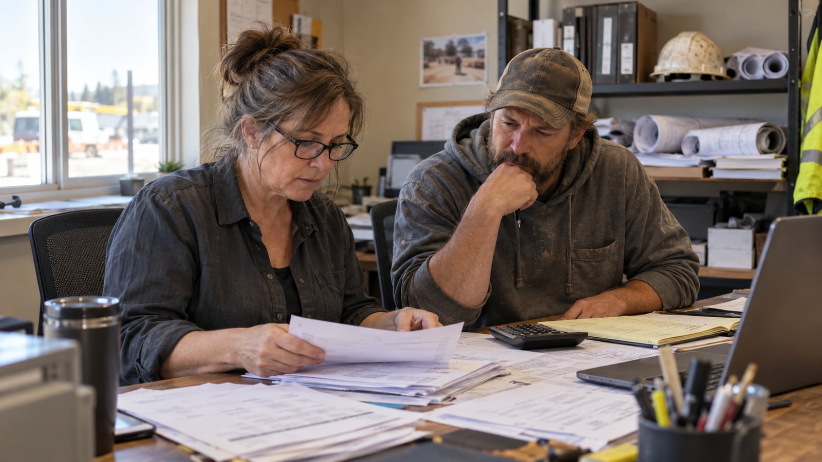 A contractor and office manager check invoices and job costs at a desk.