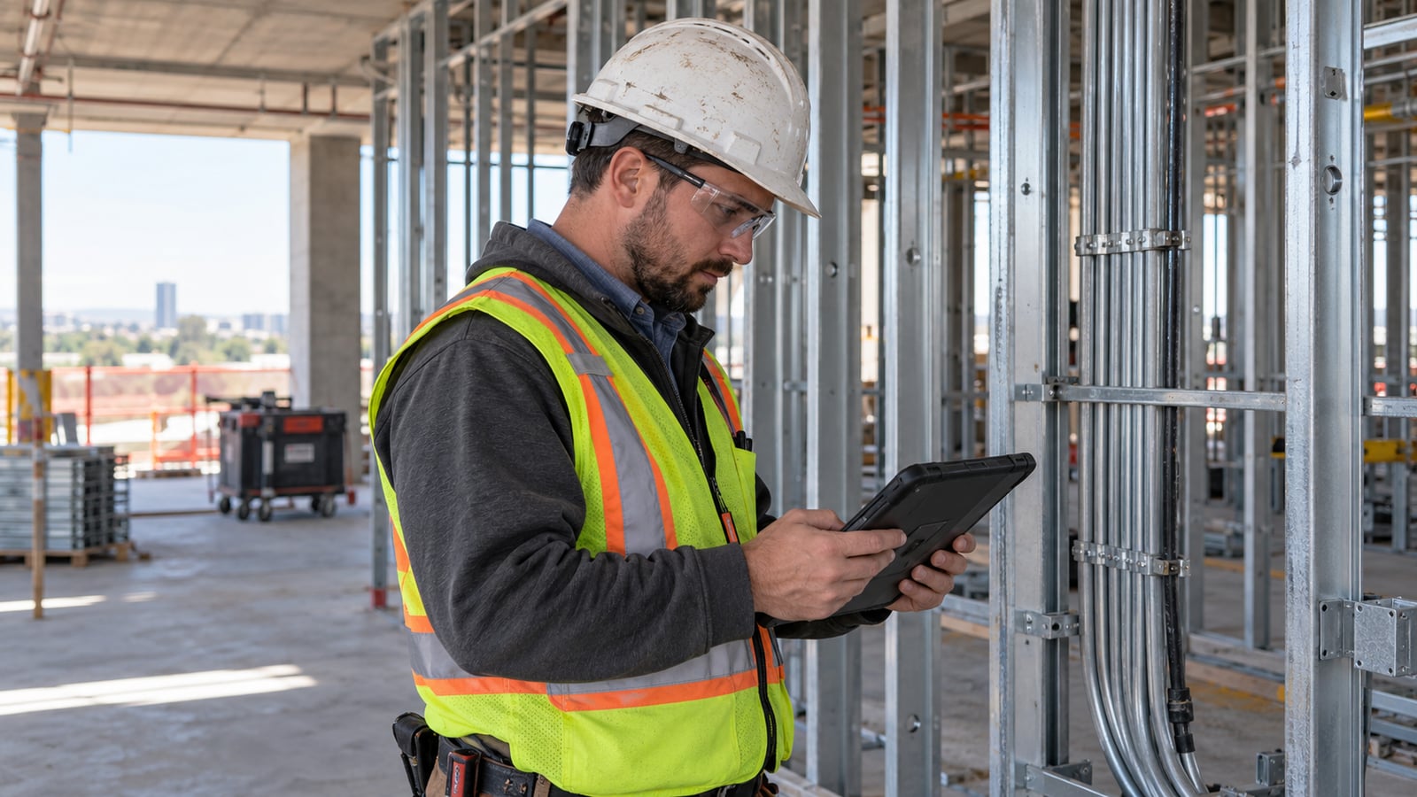 A project engineer in a hardhat and safety vest uses a rugged tablet beside steel wall framing.